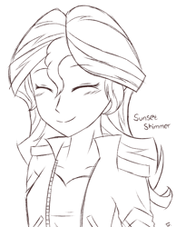 Size: 1175x1513 | Tagged: safe, artist:mlprocker123, sunset shimmer, equestria girls, blushing, cute, eyes closed, happy, shimmerbetes, sketch, smiling, solo