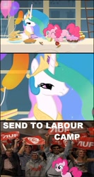 Size: 558x1051 | Tagged: safe, screencap, pinkie pie, princess celestia, human, a bird in the hoof, image macro, irl, irl human, labour party, parody, photo, tyrant celestia