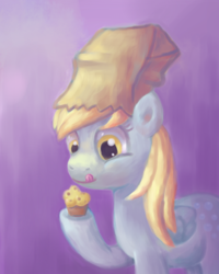 Size: 800x1000 | Tagged: safe, artist:yeyeyyy, derpy hooves, pegasus, pony, atg 2017, female, food, hoof hold, mare, muffin, newbie artist training grounds, paper bag, solo, tongue out