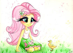 Size: 968x714 | Tagged: safe, artist:prettypinkpony, fluttershy, duck, equestria girls, clothes, skirt, solo, tanktop