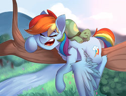 Size: 2180x1665 | Tagged: safe, artist:passigcamel, derpibooru import, rainbow dash, tank, pegasus, pony, backwards cutie mark, eyes closed, female, mare, river, scenery, sleeping, tree, tree branch, wings