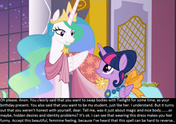 Size: 958x680 | Tagged: safe, screencap, princess celestia, twilight sparkle, twilight sparkle (alicorn), oc, oc:anon, alicorn, make new friends but keep discord, body swap, bronybait, clothes, dress, gala dress, meta, text, transformation, transgender transformation