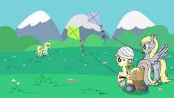 Size: 2926x1646 | Tagged: safe, artist:dinkyuniverse, apple honey, apple mint, apple tarty, derpy hooves, jinx, pony, bandage, chest fluff, female, field, grass field, kite, mother and child, mother and daughter, parent and child, playing, trotting, unshorn fetlocks, wheelchair