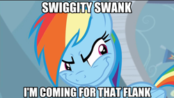 Size: 1920x1080 | Tagged: safe, derpibooru import, screencap, rainbow dash, pegasus, pony, tanks for the memories, image macro, meme, rainbow grinch, swiggity swank, swiggity swooty