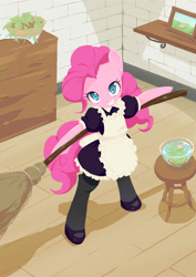 Size: 1413x2000 | Tagged: safe, artist:siagia, pinkie pie, earth pony, pony, semi-anthro, apron, bipedal, broom, clothes, fishbowl, french maid, maid, pixiv, solo