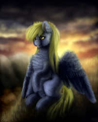 Size: 1024x1265 | Tagged: safe, artist:kittenthelonley, derpy hooves, pony, bucktooth, cloud, fluffy, solo, sunset