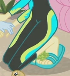 Size: 1940x2100 | Tagged: safe, derpibooru import, screencap, fluttershy, rainbow dash, aww... baby turtles, better together, equestria girls, cropped, feet, flip-flops, foot focus, heel pop, legs, pictures of legs, sandals, squatting, wetsuit