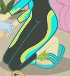 Size: 1940x2100 | Tagged: safe, derpibooru import, screencap, fluttershy, rainbow dash, aww... baby turtles, equestria girls, equestria girls series, cropped, feet, flip-flops, foot focus, heel pop, legs, pictures of legs, sandals, squatting, wetsuit