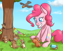 Size: 1000x800 | Tagged: safe, artist:paradigmpizza, pinkie pie, bird, earth pony, mouse, pony, squirrel, solo