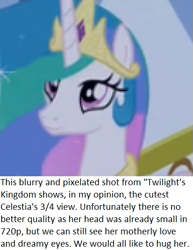 Size: 409x529 | Tagged: safe, screencap, princess celestia, alicorn, pony, twilight's kingdom, 3/4 view, beautiful, blurry, meta, pixelated, solo, you'll play your part