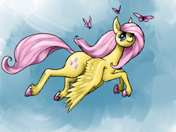 Size: 1024x768 | Tagged: safe, artist:luckyorigamistars, fluttershy, pegasus, pony, flying, solo, unshorn fetlocks