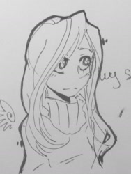 Size: 1208x1609 | Tagged: safe, artist:facerenon, fluttershy, human, grayscale, humanized, monochrome, solo