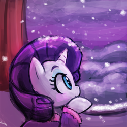 Size: 750x750 | Tagged: safe, artist:lumineko, rarity, pony, unicorn, bathrobe, clothes, cute, female, mare, raribetes, robe, smiling, snow, snowfall, solo, winter