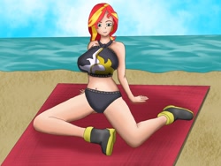 Size: 2048x1536 | Tagged: safe, artist:rathgood, sunset shimmer, better together, equestria girls, boots, breasts, clothes, female, human coloration, shoes, solo, sunset jiggler, swimsuit