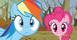 Size: 1280x664 | Tagged: safe, derpibooru import, edit, edited screencap, screencap, pinkie pie, rainbow dash, earth pony, pony, tanks for the memories, eye recolor, eye swap, recolor