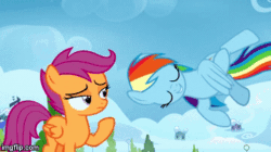 Size: 360x202 | Tagged: safe, derpibooru import, screencap, rainbow dash, scootaloo, pegasus, pony, the washouts (episode), animated, barrel roll, cute, dashabetes, duo, female, filly, lidded eyes, mare, rolling, scootaloo is not amused, unamused, you spin me right round