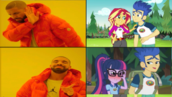 Size: 1021x575 | Tagged: safe, edit, edited screencap, screencap, flash sentry, sci-twi, sunset shimmer, twilight sparkle, equestria girls, legend of everfree, camp everfree outfits, drake, female, flashlight, male, sciflash, shipping, shipping war, straight