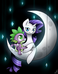 Size: 2480x3153 | Tagged: safe, artist:jadekettu, rarity, spike, dragon, pony, unicorn, crescent moon, cute, female, male, moon, shipping, sparity, straight, tangible heavenly object, transparent moon