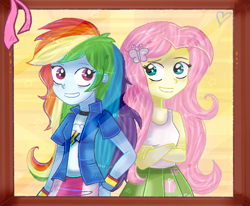 Size: 1224x1008 | Tagged: safe, artist:lelka-philka, derpibooru import, fluttershy, rainbow dash, equestria girls, clothes, female, flutterdash, lesbian, shipping, skirt, tanktop