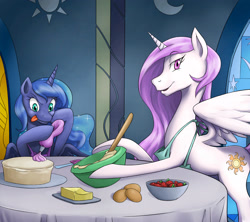 Size: 2444x2175 | Tagged: safe, artist:nauth, princess celestia, princess luna, alicorn, pony, apron, cake, castle of the royal pony sisters, clothes, food, sisters, tongue out