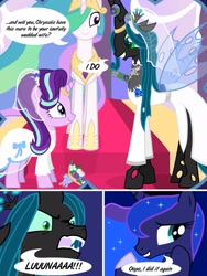 Size: 1439x1917 | Tagged: safe, artist:lisdeglace, princess celestia, princess luna, queen chrysalis, starlight glimmer, alicorn, changeling, changeling queen, pony, unicorn, clothes, comic, dialogue, dream, dress, female, glimmerlis, lesbian, marriage, nightmare, wedding, wedding dress