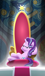 Size: 1077x1787 | Tagged: safe, part of a series, part of a set, starlight glimmer, pony, unicorn, evil grin, evil starlight, glorious leader, s5 starlight, s9 throne series, smiling, smirk, smug, smuglight glimmer, supreme, the great dictator, this will end in communism, this will end in timeline distortion, throne, throne room, welcome home twilight
