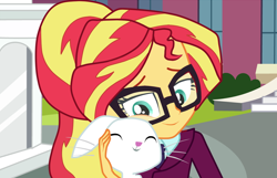 Size: 1114x716 | Tagged: safe, artist:melina123xd, angel bunny, sunset shimmer, equestria girls, friendship games, alternate universe, base used, bush, canterlot high, clothes, crystal prep academy uniform, glasses, high school, human sunset, school uniform, stairs, sunspecs shimmer