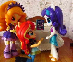 Size: 1325x1125 | Tagged: safe, artist:whatthehell!?, edit, adagio dazzle, rarity, sunset shimmer, better together, equestria girls, rainbow rocks, beach, bed, bedroom, book, boots, clothes, doll, equestria girls minis, irl, jewelry, pants, photo, sandals, sarong, shoes, skirt, swimsuit, toy