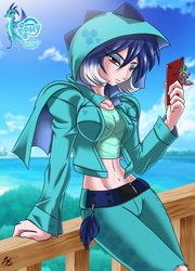 Size: 1600x2222 | Tagged: safe, artist:mauroz, princess ember, spike, human, bedroom eyes, belly button, belt, breasts, cellphone, clothes, eyeshadow, female, freckles, hoodie, humanized, keychain, leaning, lidded eyes, looking at you, makeup, midriff, phone, princess embreast, smartphone, solo, wide hips