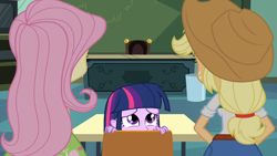 Size: 1366x768 | Tagged: safe, screencap, applejack, fluttershy, twilight sparkle, equestria girls