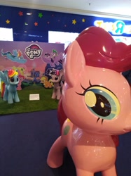 Size: 3016x4032 | Tagged: safe, derpibooru import, photographer:horsesplease, pinkie pie, rainbow dash, spike, twilight sparkle, twilight sparkle (alicorn), alicorn, dragon, earth pony, pegasus, pony, life-size pinkie statue, malaysia, my little pony logo, photo