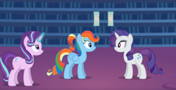 Size: 1280x653 | Tagged: safe, rainbow dash, rarity, starlight glimmer, pegasus, pony, unicorn, alternate hairstyle, body swap, eye contact, eye swap, female, glare, i can't believe it's not hasbro studios, lesbian, levitation, lidded eyes, looking at each other, magic, mare, paper, raridash, shipping, smiling, smirk, tail swap, telekinesis, wat