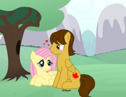 Size: 1976x1523 | Tagged: safe, artist:bloodyokami, fluttershy, oc, pegasus, pony, canon x oc, shipping, tree