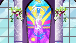 Size: 1280x720 | Tagged: safe, screencap, discord, princess celestia, princess luna, alicorn, pony, the return of harmony, stained glass