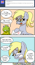 Size: 640x1169 | Tagged: safe, artist:outofworkderpy, derpy hooves, frog, pegasus, pony, comic, duo, female, funny, glasses, kermit the frog, mare, outofworkderpy, pun, teaching, tumblr, tumblr comic