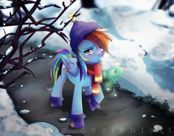 Size: 1000x778 | Tagged: safe, artist:lumelya, derpibooru import, rainbow dash, tank, pegasus, pony, tanks for the memories, sad, winter