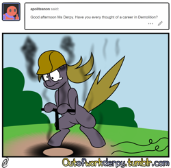 Size: 640x628 | Tagged: safe, artist:outofworkderpy, derpy hooves, pegasus, pony, comic, demolition, detonator, explosion, explosion aftermath, female, funny, mare, old joke is old, outofworkderpy, safety hat, tumblr, tumblr comic