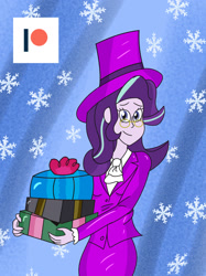 Size: 1360x1816 | Tagged: safe, artist:ajustice90, snowfall frost, starlight glimmer, equestria girls, clothes, glasses, hat, looking at you, patreon, patreon logo, present, snow, solo, suit, top hat