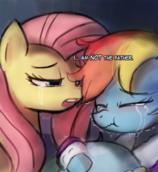 Size: 788x855 | Tagged: safe, artist:lumineko, derpibooru import, edit, fluttershy, rainbow dash, pegasus, pony, tanks for the memories, brutal honesty, crying, implied futa, implied lesbian, maury, maury povich, not the father, you are not the father