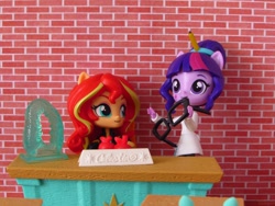 Size: 2000x1500 | Tagged: safe, artist:whatthehell!?, sci-twi, sunset shimmer, twilight sparkle, equestria girls, apple, classroom, clothes, coat, desk, doll, equestria girls minis, food, gem, glasses, irl, jacket, pencil, photo, toy