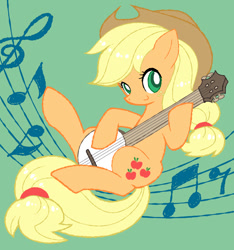 Size: 1000x1067 | Tagged: safe, artist:ymnsk, artist:yumenosuke, applejack, earth pony, pony, banjo, cute, female, jackabetes, mare, music notes, musical instrument, on back, pixiv, solo