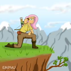 Size: 1000x1000 | Tagged: safe, artist:empyu, fluttershy, human, arrow, bow (weapon), cliff, humanized, quiver, solo