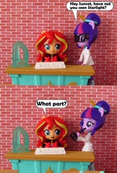 Size: 857x1271 | Tagged: safe, artist:whatthehell!?, sci-twi, sunset shimmer, twilight sparkle, equestria girls, apple, classroom, clothes, coat, desk, doll, equestria girls minis, eqventures of the minis, food, gem, glasses, irl, jacket, pencil, photo, toy