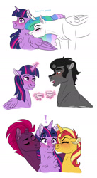 Size: 1024x1868 | Tagged: safe, artist:cascayd, king sombra, princess celestia, sunset shimmer, tempest shadow, twilight sparkle, twilight sparkle (alicorn), alicorn, pony, unicorn, bisexual, blushing, broken horn, chest fluff, female, glowing horn, kiss on the cheek, kiss sandwich, kissing, lesbian, magic, male, ot3, pairings, polyamory, preening, reformed sombra, shipping, simple background, straight, sunlightshadow, sunsetsparkle, talking, tea, telekinesis, tempestlight, tumblr, twibra, twilestia, twilight sparkle gets all the mares, twilight sparkle gets all the stallions, white background