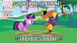 Size: 500x282 | Tagged: safe, derpibooru import, edit, twilight sparkle, filly, image macro, kronk, sunshine sunshine, the emperor's new groove