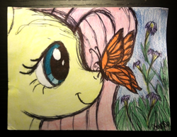 Size: 1306x1008 | Tagged: safe, artist:thefriendlyelephant, fluttershy, butterfly, insect, pegasus, pony, butterfly on nose, flower, insect on nose, profile, smiling, solo, traditional art