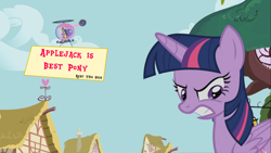 Size: 960x540 | Tagged: safe, edit, screencap, applejack, cherry berry, twilight sparkle, twilight sparkle (alicorn), alicorn, earth pony, pony, testing testing 1-2-3, angry, aviator hat, best pony, female, frown, gritted teeth, hat, helicopter, mare, op is trying to start shit, pedalcopter, sign