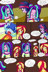 Size: 1000x1500 | Tagged: safe, artist:jake heritagu, aria blaze, sci-twi, sunset shimmer, twilight sparkle, oc, oc:sparkling sapphire, comic:aria's archives, comic:of babes and heartbreaks, series:sciset diary, equestria girls, rainbow rocks, blushing, clothes, comic, female, glasses, lesbian, magical lesbian spawn, offspring, parent:sci-twi, parent:sunset shimmer, parents:scitwishimmer, scitwishimmer, shipping, smiling, speech bubble, sunsetsparkle, yawn