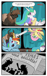 Size: 832x1341 | Tagged: dead source, safe, artist:jittery-the-dragon, fluttershy, princess celestia, rainbow dash, alicorn, pegasus, pony, yak, 3:, behaving like a bird, chest fluff, comic, derp, fluffy, flying, food, frown, geese, glare, honk, newspaper, open mouth, pie, spread wings, throwing, tongue out, upside down, wavy mouth, wide eyes