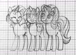 Size: 1280x934 | Tagged: safe, artist:ch-chau, starlight glimmer, sunset shimmer, twilight sparkle, twilight sparkle (alicorn), alicorn, pony, unicorn, cute, eye contact, eyes closed, female, glimmerbetes, graph paper, grayscale, happy, line-up, looking at each other, mare, monochrome, open mouth, pencil drawing, shimmerbetes, sketch, standing, traditional art, twiabetes